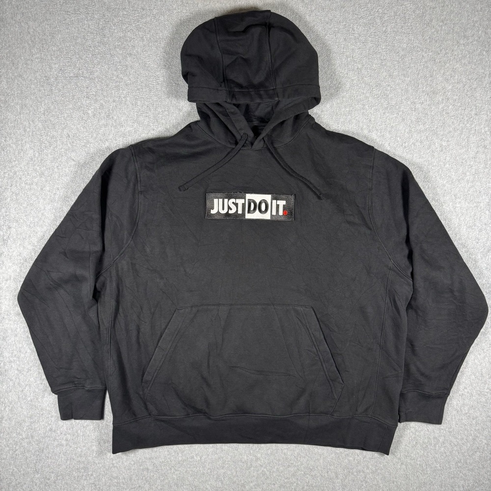 Nike Just Do It Hoodie Men's XXL Black Pullover Sweatshirt Spellout Swoosh Logo